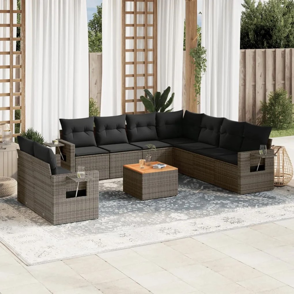 10 pcs conjunto sofás de jardim c/ almofadões vime PE cinzento