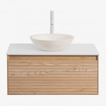 Conjunto De Móvel De Casa De Banho Em Madeira De Freixo Tedrik Castanho Fresno & Cimento Redondo Branco Ø40 Cm Zavion & Sem Espelho - Sklum