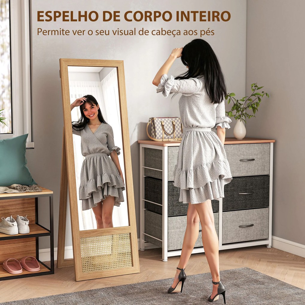 Espelho de Corpo Inteiro 160x50 cm Espelho de Pé ou de Parede com Moldura de Madeira e Suporte Madeira