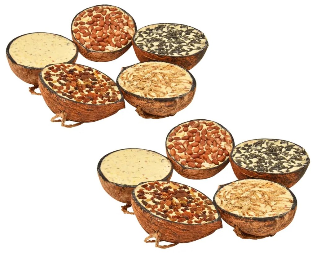 vidaXL Metades de coco com comida para pássaros 10 unid. 290 g
