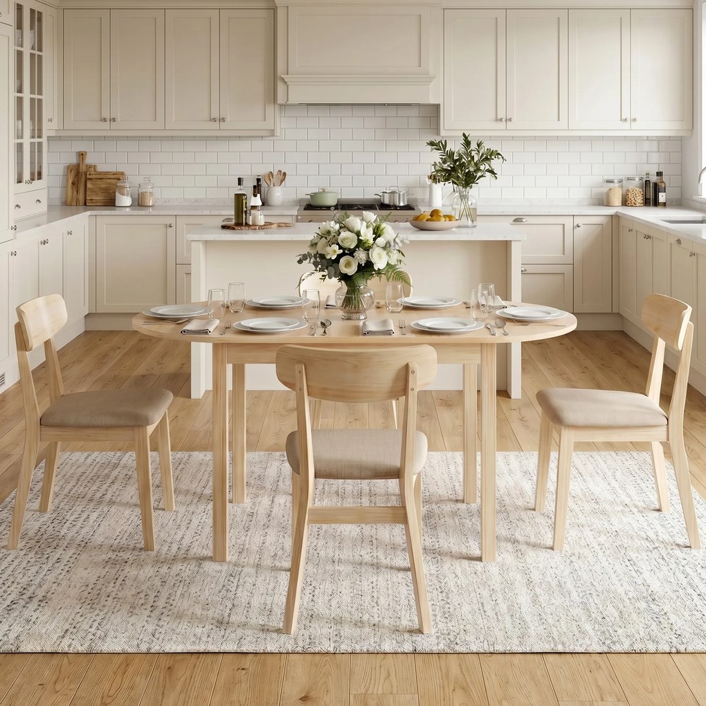 Mesa de jantar oval dobrável 140 x 70 x 75 em madeira maciça (CADEIRAS NÃO INCLUIDAS), com 2 abas, que ocupa pouco espaço, cor natural