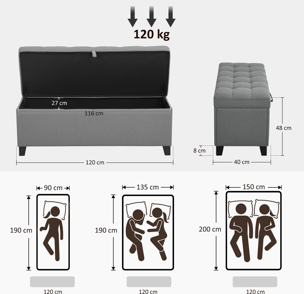 Banco com arrumação de 112 L, 120 x 40 x 48 cm banco de cabeceira em tecido de linho, assento estofado, cinzento escuro