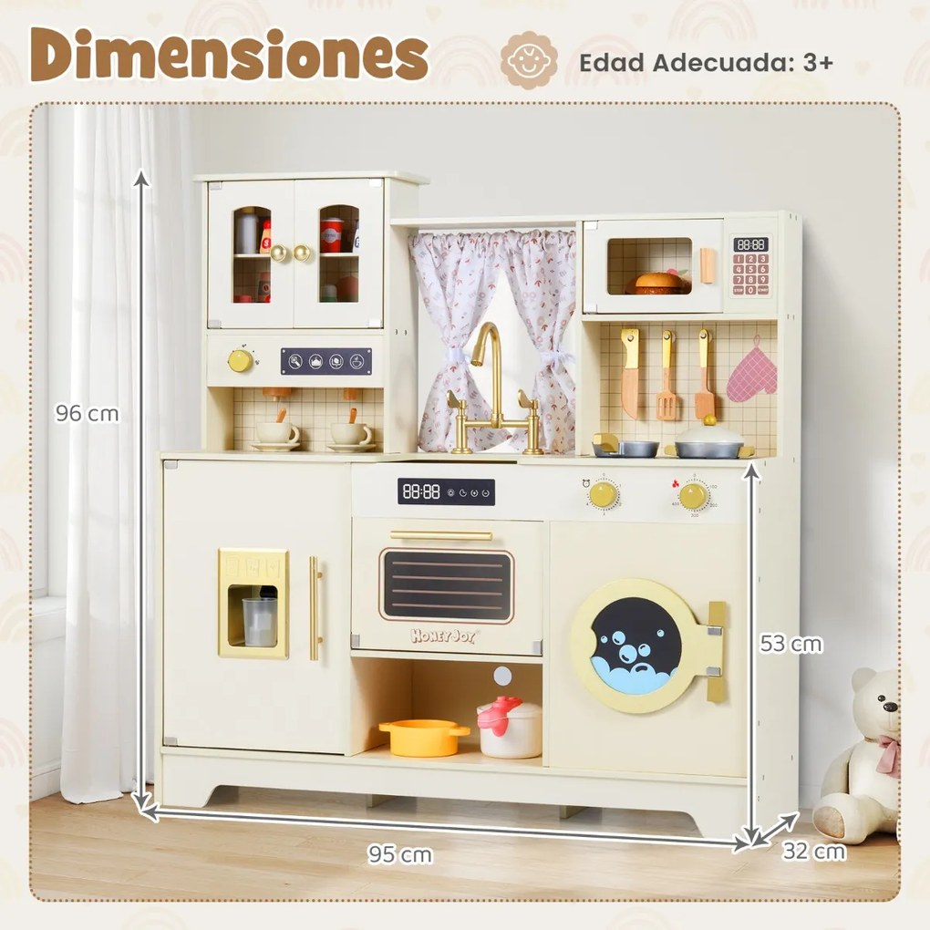 Cozinha de brincar em madeira para crianças 95 x 32 x 96 cm com forno micro-ondas, torneira e vários acessórios para maiores de 3 anos, bege