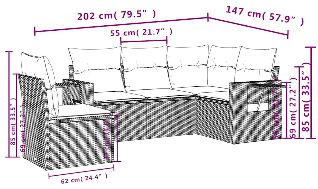 5 pcs conjunto sofás p/ jardim c/ almofadões vime PE castanho