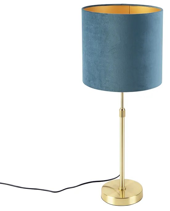 Candeeiro de mesa dourado/latão com abajur de veludo azul 25 cm - Parte Country / Rústico