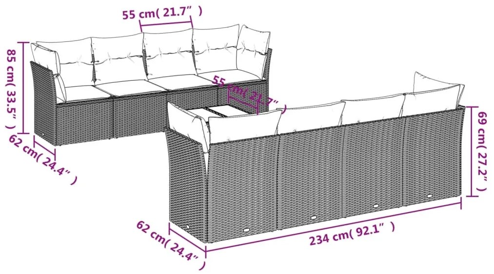 9 pcs conjunto sofás p/ jardim com almofadões vime PE cinzento