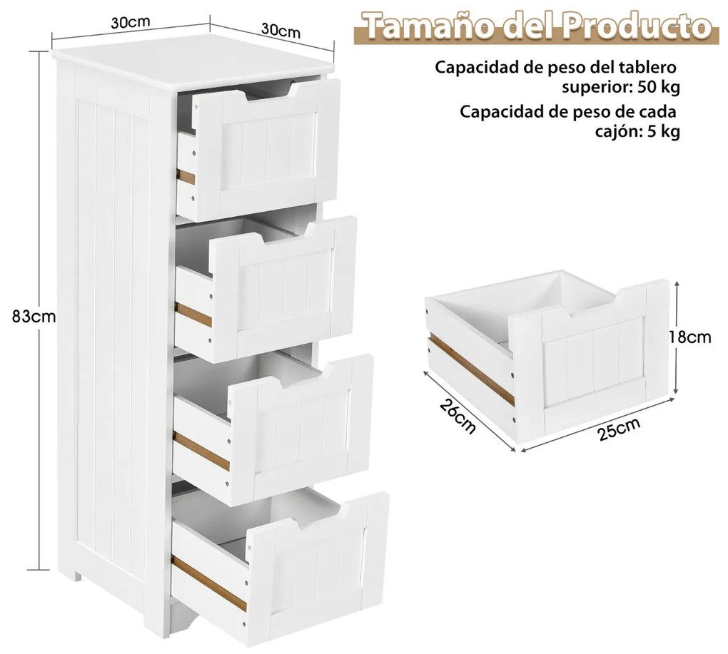 Armário arrumação multifuncional com 4 gavetas para casa de banho, cozinha, quarto, sala 30 x 30 x 83 cm Branco