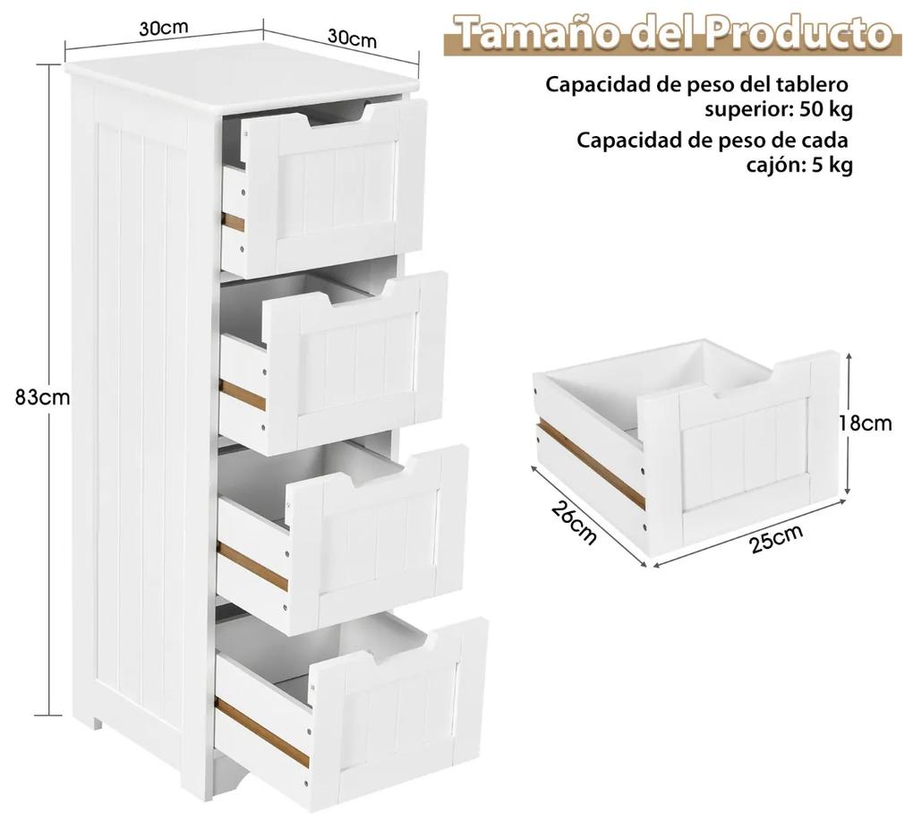 Armário de casa de banho com 4 gavetas Gaveta de armazenamento de piso Móveis auxiliares Cozinha Quarto Sala de estar 30 x 30 x 83 cm Branco