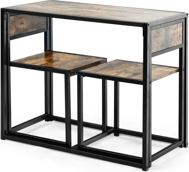 Conjunto com Mesa Compacta e 2 Cadeiras com Estrutura Metálica para Pequenos Espaços Cozinha Sala de Jantar Castanho rustico e preto