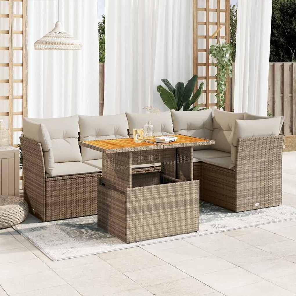 vidaXL 6 pcs conjunto de sofás p/ jardim com almofadões vime PE bege
