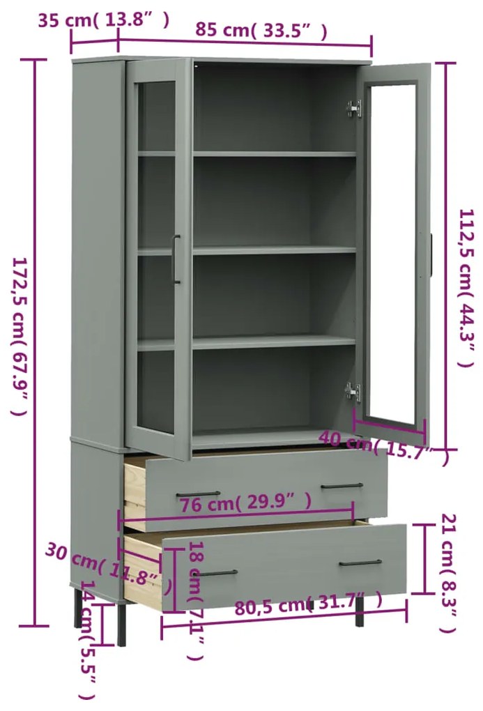 Estante c/ pernas metal 85x35x172,5 cm madeira OSLO cinzento
