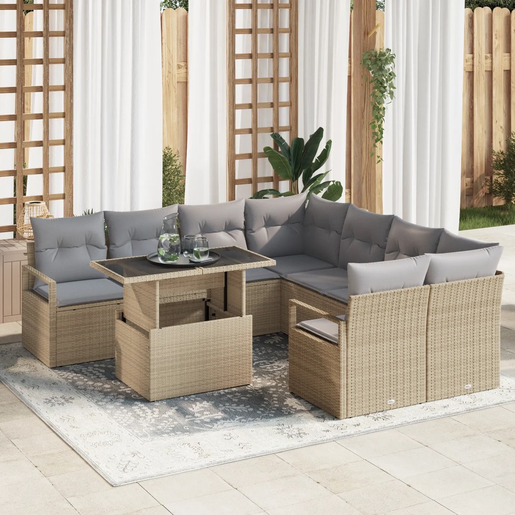 Conjunto de Sofás de Jardim vidaXL de 9 Peças com Almofadas em Rattan