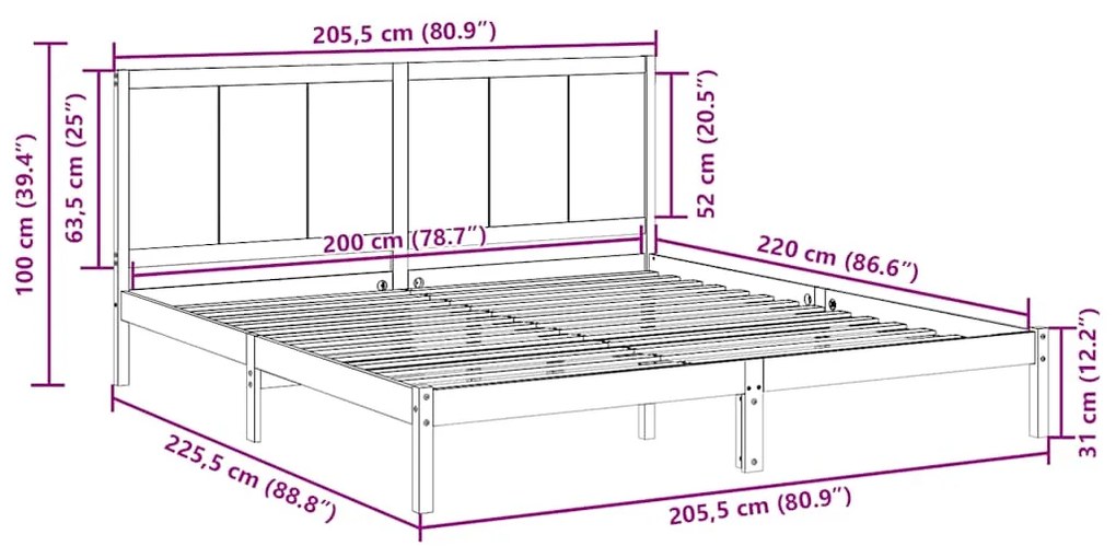 Cama extra longa sem colchão 200x220 cm madeira maciça