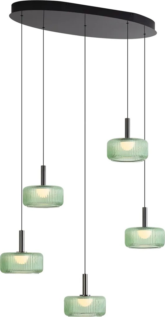 Fiera Designer Pendant Lamp: Gunmetal Finish with Green Glass, Integrated LED, 3-Step Dimmable, 5-Light Easylift