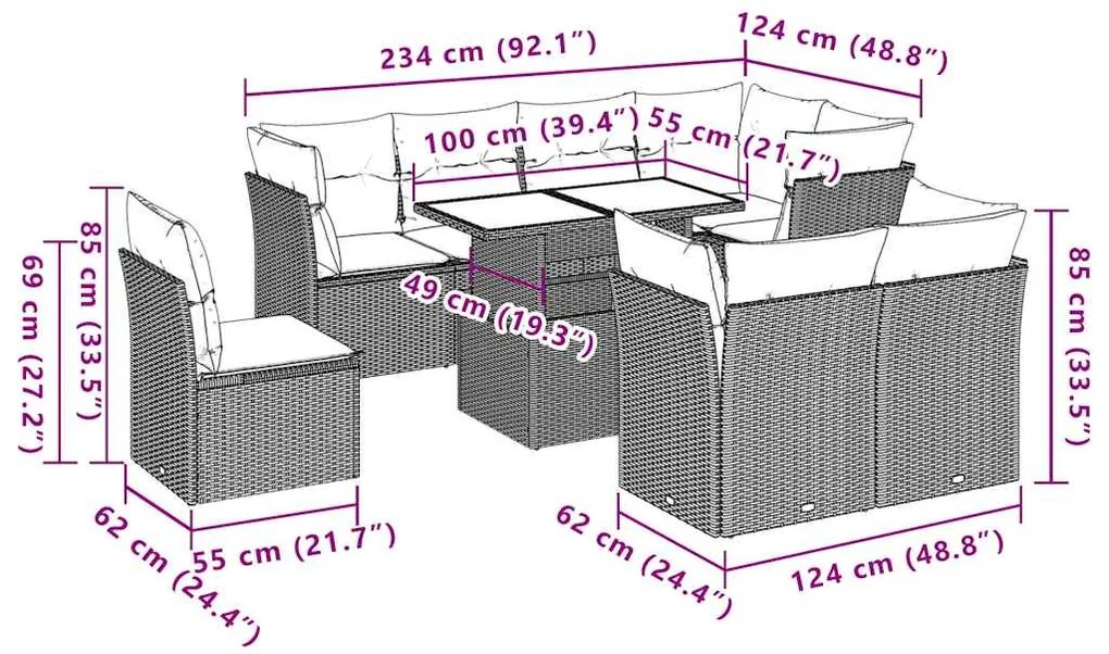 9 pcs conjunto de sofás p/ jardim c/ almofadões vime PE preto