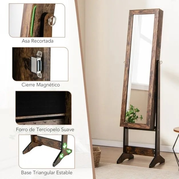 Armário para joias com espelho de corpo inteiro  35 x 30 x 144 cm e 3 ângulos ajustáveis Organizador de joias 2 em 1 Natural