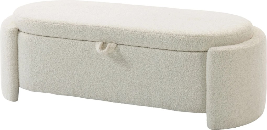 Banco de arrumação, pufe oval de polar Teddy com assento largo, 129 x 48,5 x 44 cm, creme