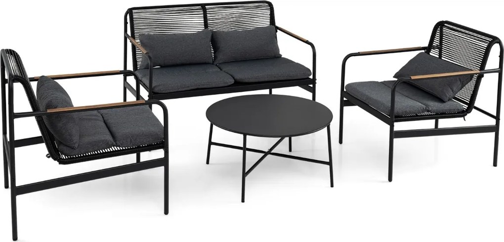 Conjunto de jardim, 4 peças, em vime com estrutura metálica e almofadas em rattan PE, 2 poltronas com mesa, para alpendre, jardim ou varanda, Cinzento