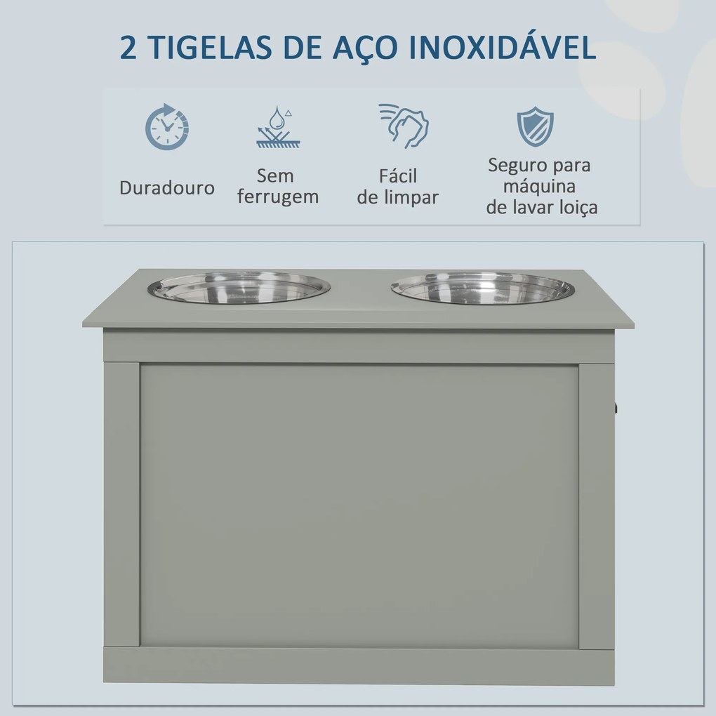 Comedouro Elevado para Cães com 2 Tigelas de Aço Inoxidável e Espaço de Armazenamento Oculto 60x30x41 cm Cinzento