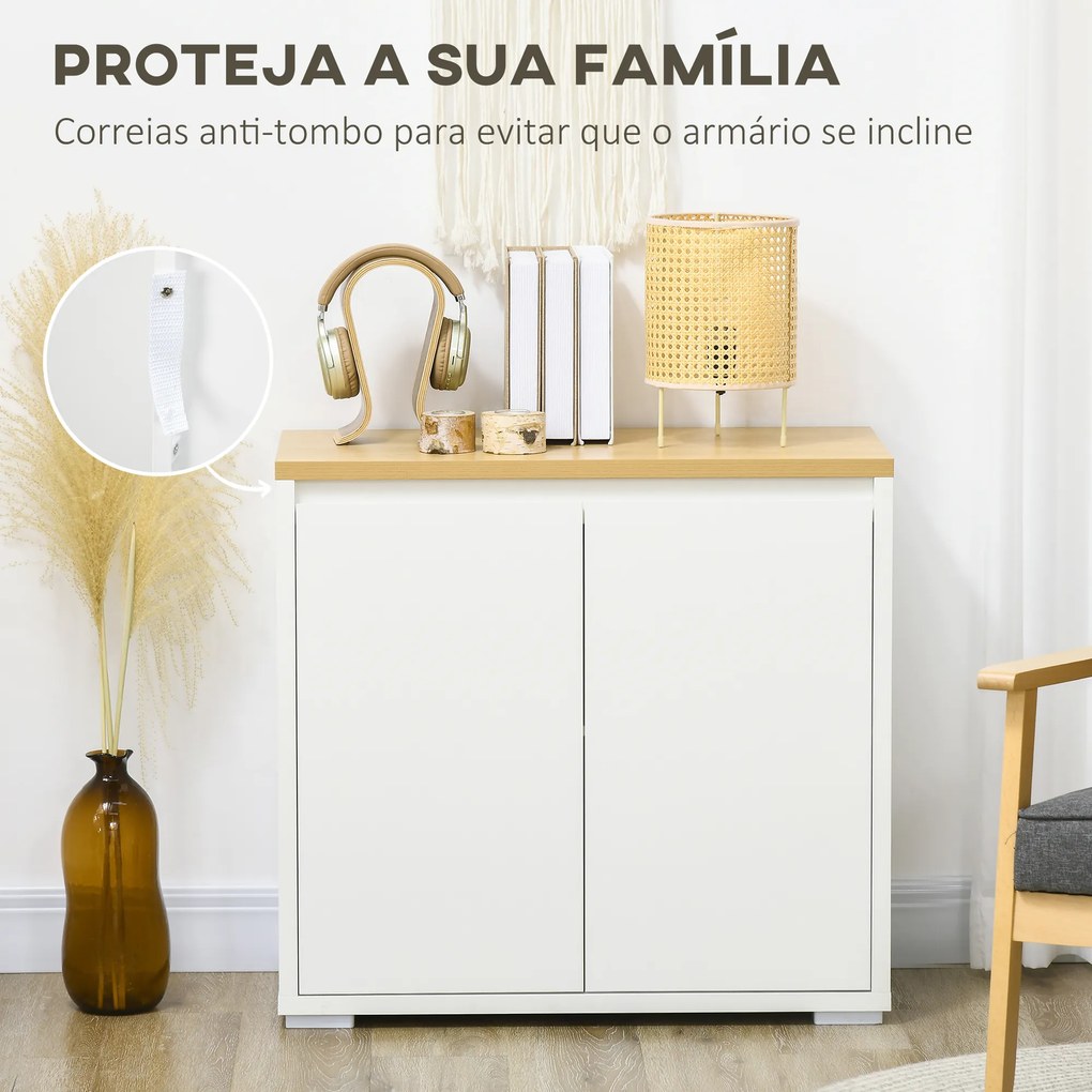 HOMCOM Aparador de Sala de Estar Armário de Armazenamento Móvel Auxiliar de Cozinha com 2 Portas e Prateleira Ajustável para Sala de Jantar Entrada 80x37x75 cm Branco e Madeira