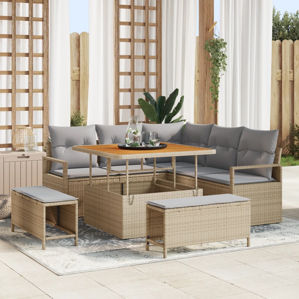 vidaXL Conjunto de Sofás de Jardim de 8 Peças com Almofadas Bege Rattan Sintético Acácia
