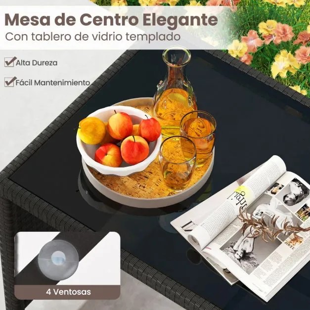 Conjunto de jardim em rattan com 4 peças: sofás de 2 lugares, mesa de vidro temperado e almofadas para exterior, varanda ou piscina, Preto+vermelho