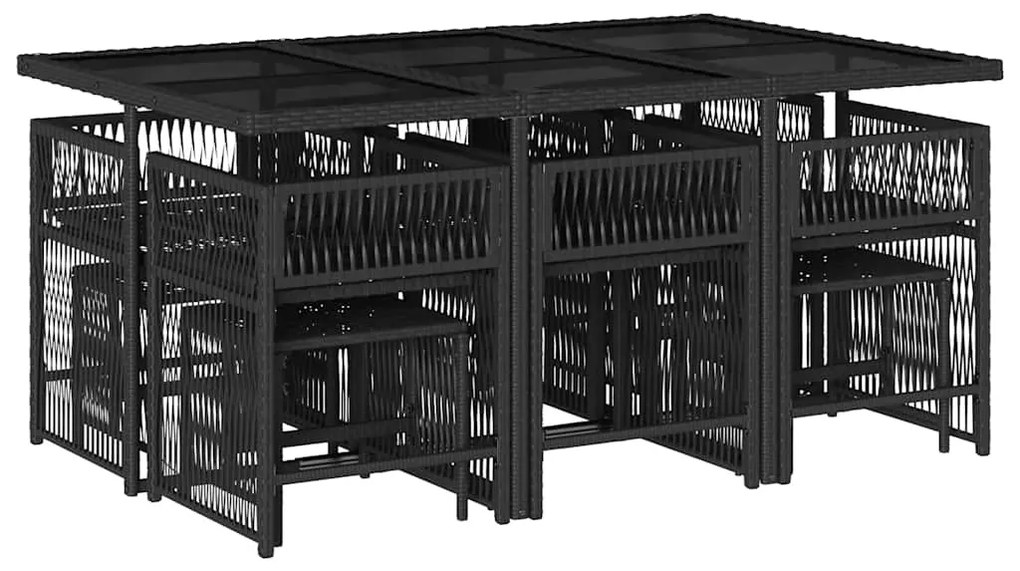 11 pcs conjunto de jantar p/ jardim c/ almofadões vime PE preto