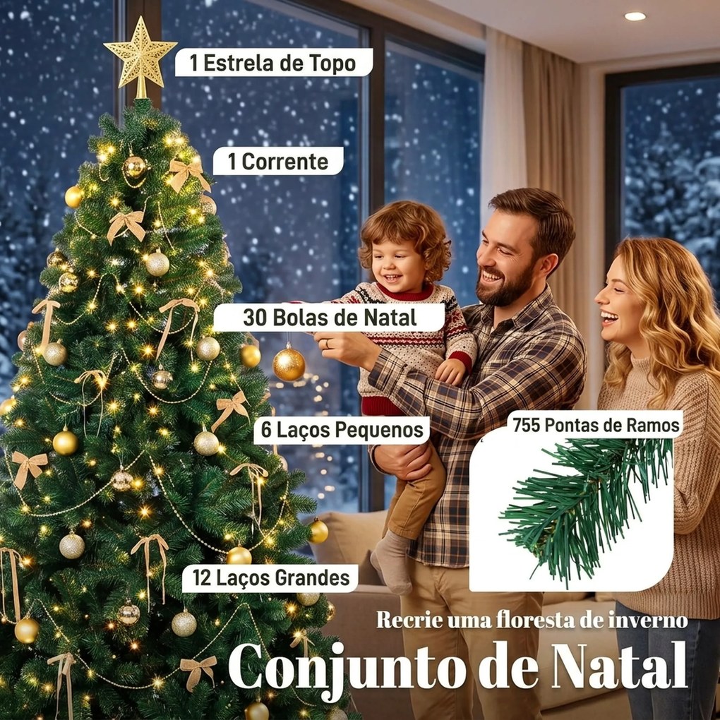 Árvore de Natal Decorativa 180 cm com 240 LED, 755 Pontas Ignífugas, Estrela, 30 Bolas, 18 Laços e Decoração Dourada, Verde