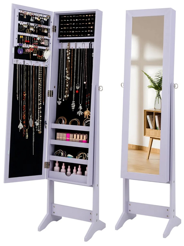 Armário Joias com Espelho de Corpo Inteiro e 3 Ângulos Reguláveis Organizador de Jóias 2 em 1 35 x 30 x 144 cm Violeta