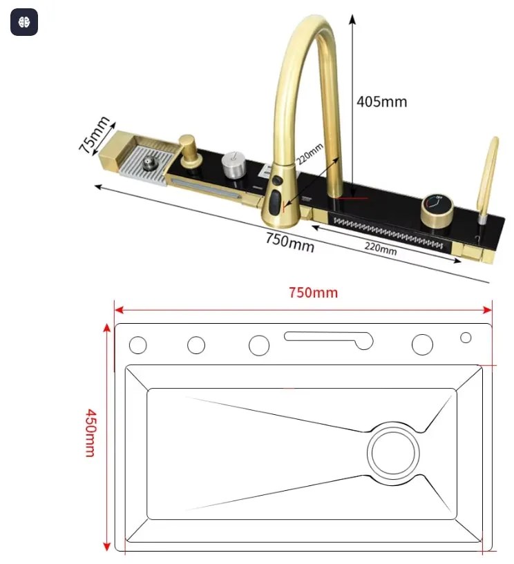 Lava-Loiça Multifuncional com Queda de Água e Display Digital – Modelo