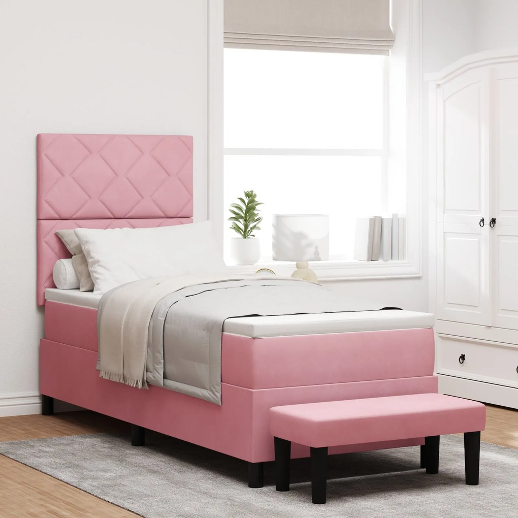 Cama Box Spring com Colchão &amp; Banco Rosa 80x200 cm Veludo