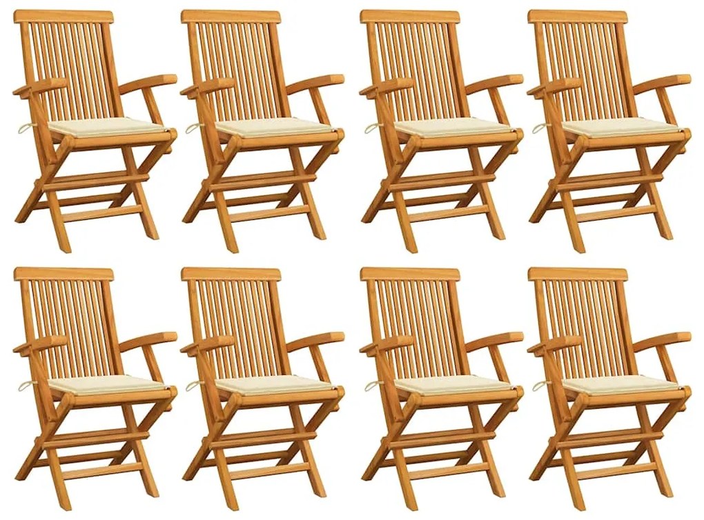 Cadeiras de jardim c/ almofadões creme 8 pcs teca maciça