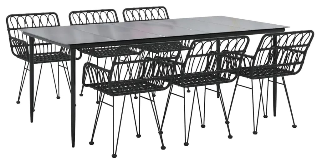 7 pcs conjunto de jantar para jardim vime PE preto