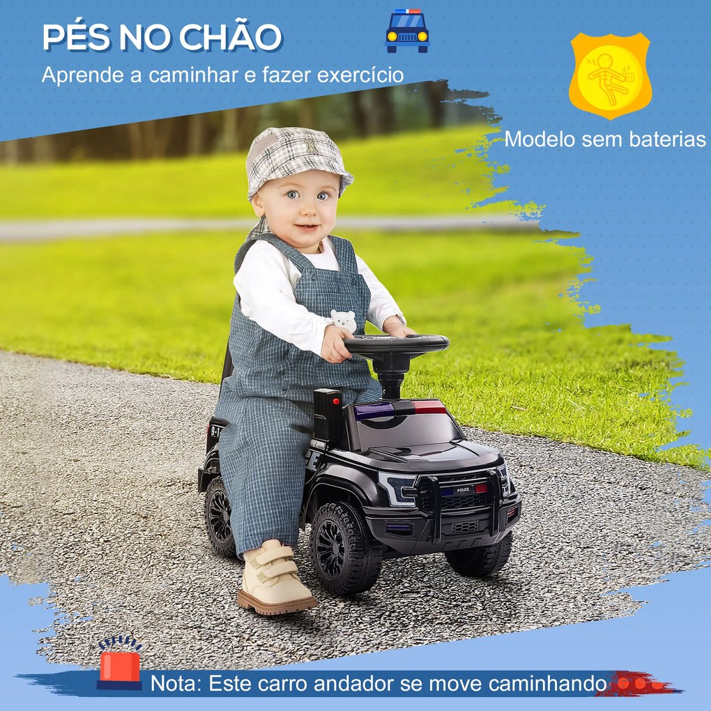 HOMCOM Carro Andador de Policia para Bebé de 18-60 Meses Carro sem Pedais com Buzina Megafone Compartimento de Armazenamento e Encosto Removível 62x29x43cm Preto
