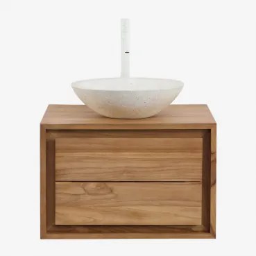 Conjunto De Móvel De Casa De Banho Suspenso Em Madeira De Teca Jabari Madeira De Teca & Cimento Redondo Branco Ø40 Cm Zavion & - Sklum