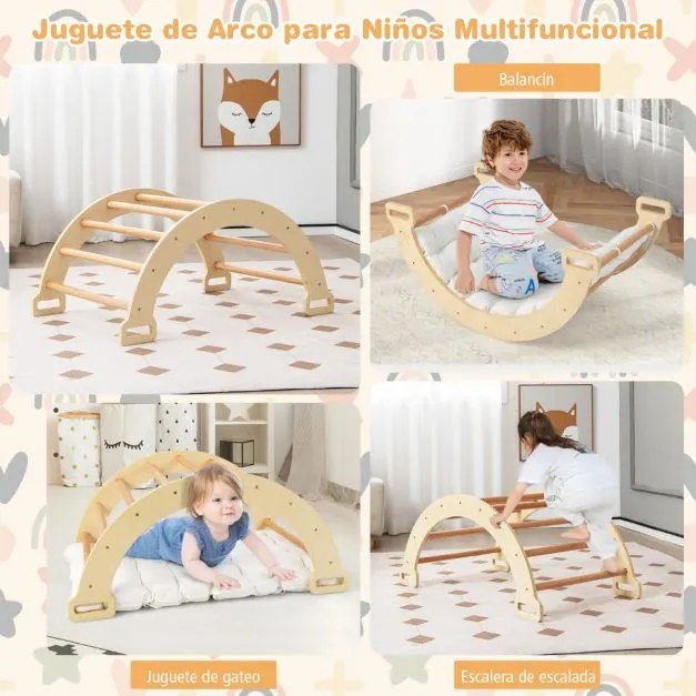 Triângulo de trepar 2 em 1 com almofada macia Balancim em arco de dupla face Brinquedo de trepar em madeira para crianças a partir dos 1 anos Natural