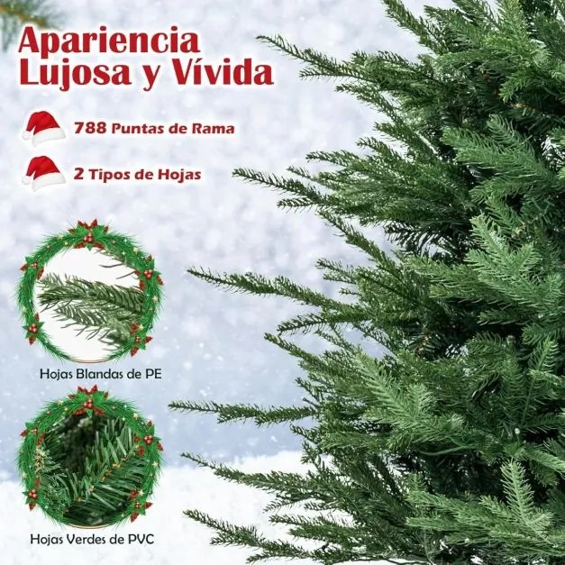 Árvore de Natal pré-iluminada com dobradiças, 183 cm, 280 luzes LED quentes/brancas (DECORAÇÕES NÃO INCLUIDAS), 8 modos, 788 ramos, base metálica Verd