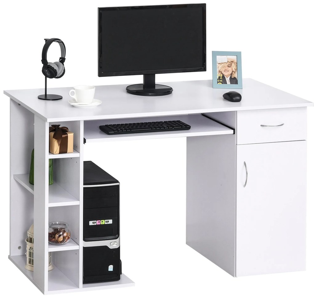 Secretária para escritório com prateleiras abertas Gabinete Suporte para CPU e bandeja removível 120x60x74 cm Branco