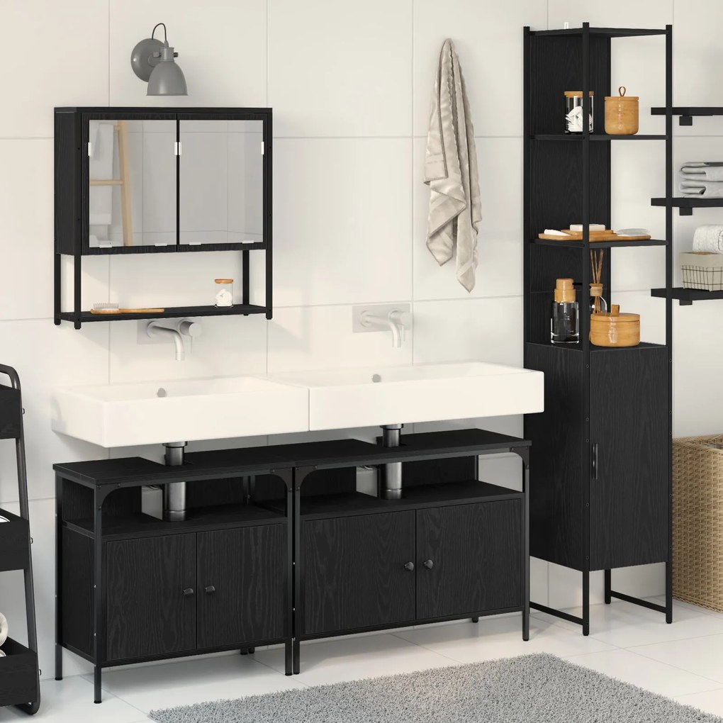 Conjunto de Móveis de Casa de Banho 4 Peças Carvalho Preto Madeira Eng