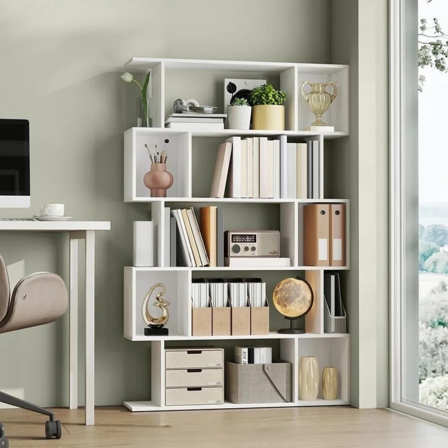 Estante em forma de S com 5 prateleiras abertas 24 x 90 x 159 cm Branco