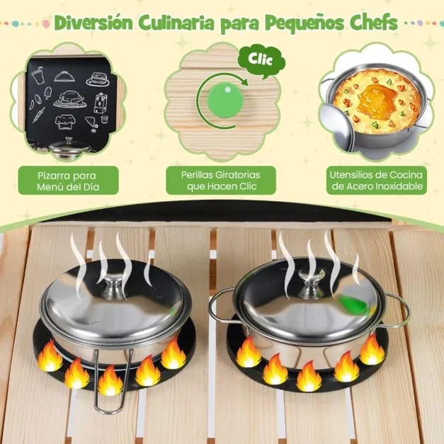 Cozinha infantil de madeira com lousa, fogão, torneira, pia e acessórios para crianças a partir dos 3 anos Natural