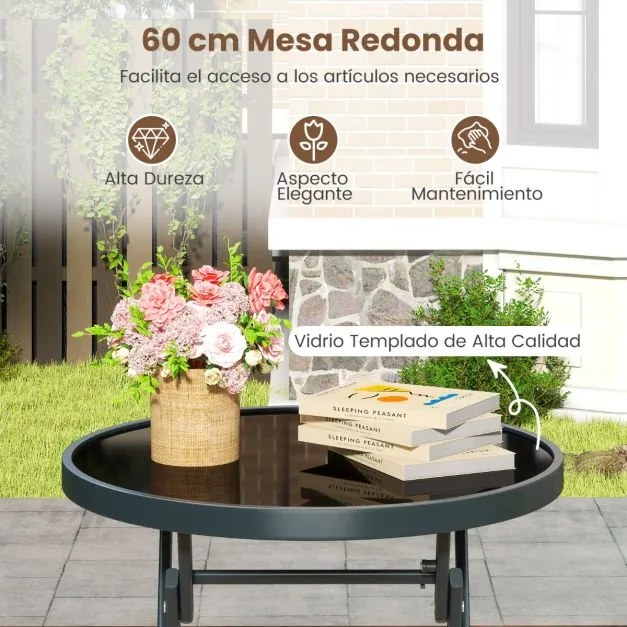 Conjunto de jardim dobrável de 3 peças para exterior com assento respirável e tampo de vidro temperado com estrutura metálica preta