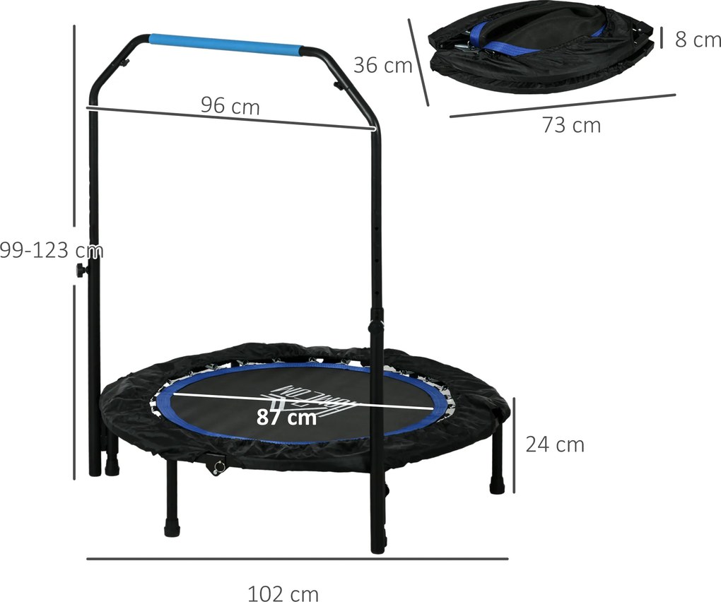 Trampolim de fitness e ginástica com pega ajustável, dobrável, 6 pés, 28 molas, Ø 102 cm, preto e azul