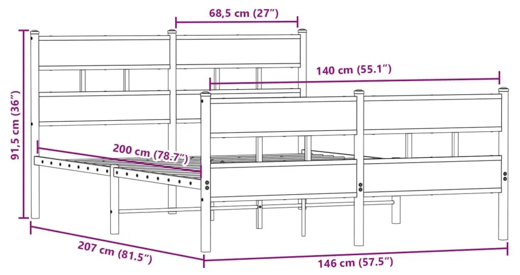 Estrutura de cama sem colchão 140x200 cm metal carvalho fumado