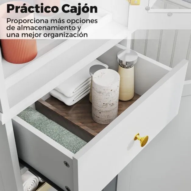 Armário alto para casa de banho estreito com gaveta 40 x 30 x 168 cm, 2 portas e 3 prateleiras branco