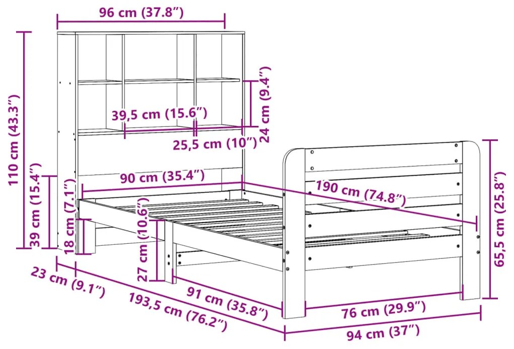 Cama sem colchão 90x190 cm madeira de pinho maciça