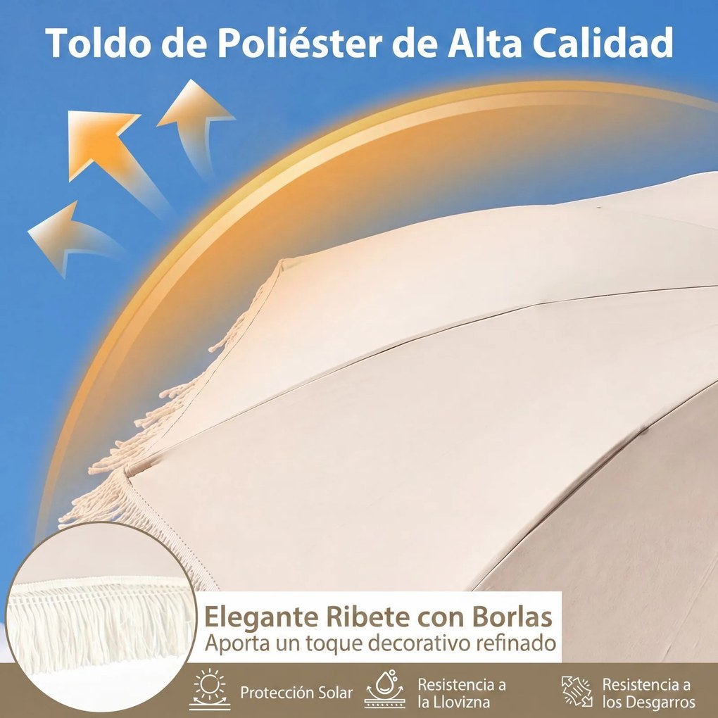 Guarda-sol de praia com franjas, 200 cm, 12 varas, ângulo de inclinação ajustável, proteção solar, estilo boémio, para jardim, pátio ou piscina, bege