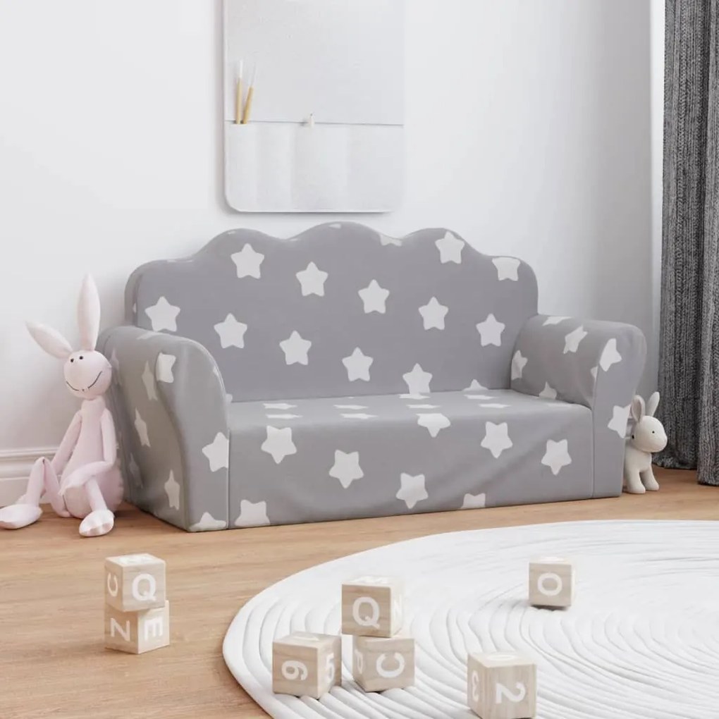 341863 vidaXL Sofá infantil de 2 lugares c/ estrelas pelúcia cinzento-claro