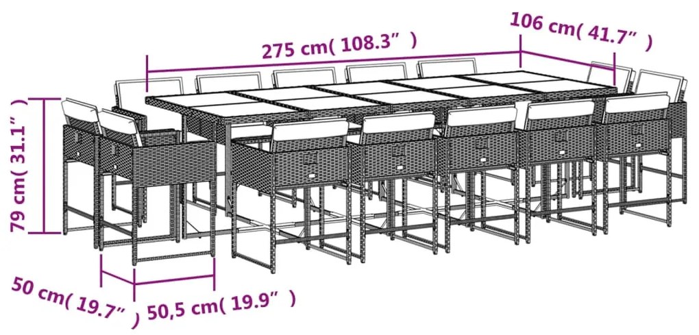 15 pcs conjunto de jantar p/ jardim com almofadões vime PE bege