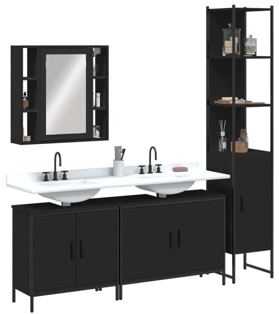 vidaXL 4 pcs conjunto móveis casa de banho derivados de madeira preto
